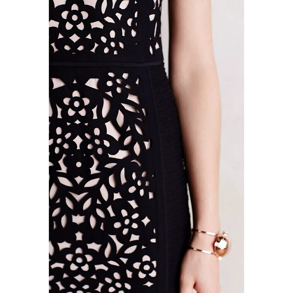 ANTHROPOLOGIE Maeve Black Nude Floral Lasercut Basalt Sheath Dress Office Size 2 - Picture 4 of 13